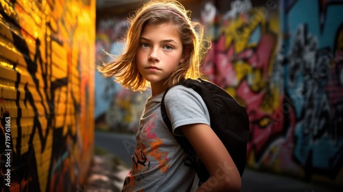 A young girl standing in front of graffiti covered wall. Generative AI.