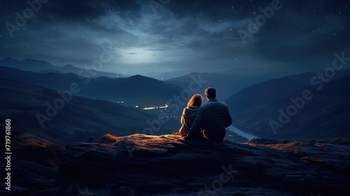 Couple sitting on top of mountain at night with moon and stars. Generative AI.