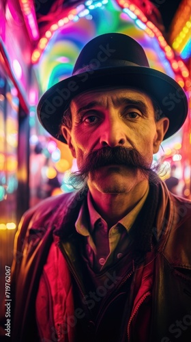 A man with a mustache and hat in front of neon lights. Generative AI.