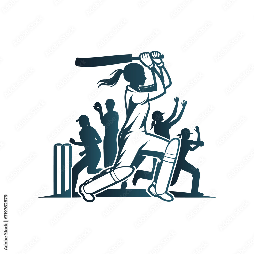 Cricket Player Women Logo Vector - obrazy, fototapety, plakaty 