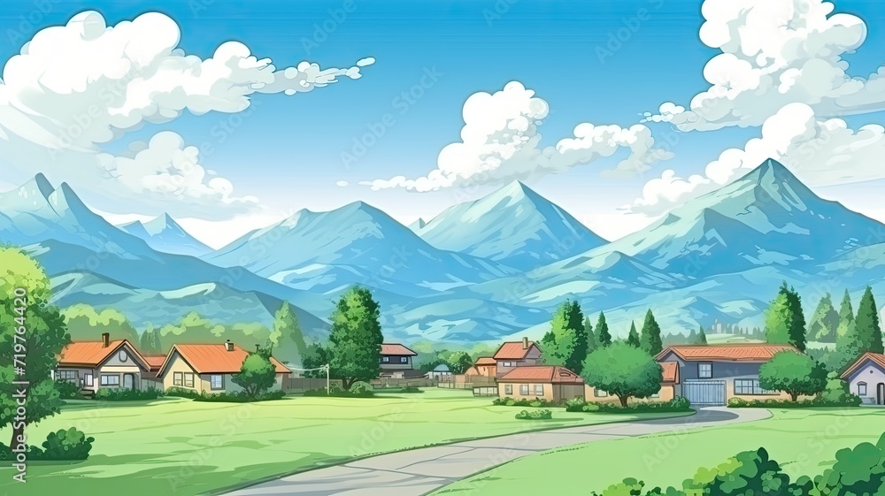 Naklejka premium cartoon illustration Suburban landscape. countryside, with houses nestled among lush greenery and majestic mountains under a clear sky.