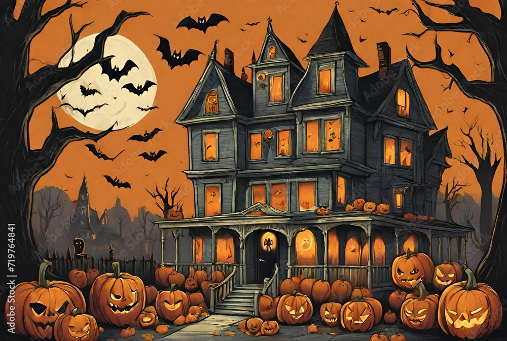 Halloween House of Pumpkins - Haunted Mansion with Black Bats and Carved Pumpkins 