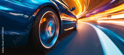 car driving in motion, blue car on high speed . Blue car rushing along a high-speed highway.banner
