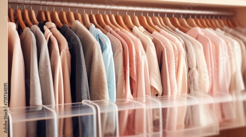 Closeup of a sectioned hanging closet organizer with different compartments for sweaters, longsleeve shirts, and dresses. photo