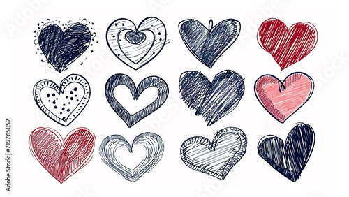 Heart doodles set. Hand drawn hearts collection. Romance and love illustrations in red and blue colors.