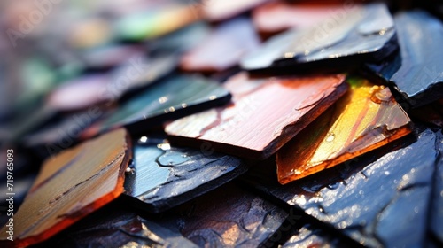 Macro image of a shingle made from recycled plastic, showing its durability and resistance to weather. photo