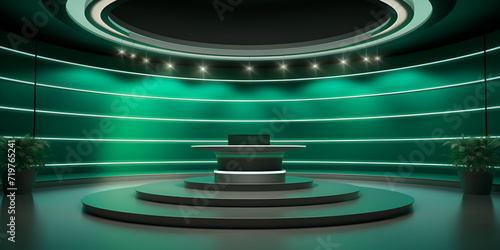 Green and black studio for TV shows studio.3d rendering Futuristic green interior with a round podium showcasing a news studio with green lights and a globe.