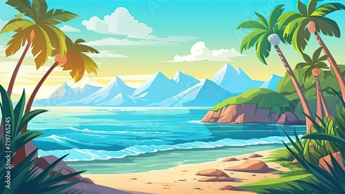 cartoon illustration tropical beach swith palm trees  calm waters  and distant mountain