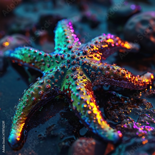 Glowing neon alien starfish washed up on the seashore in the evening. 3d render.