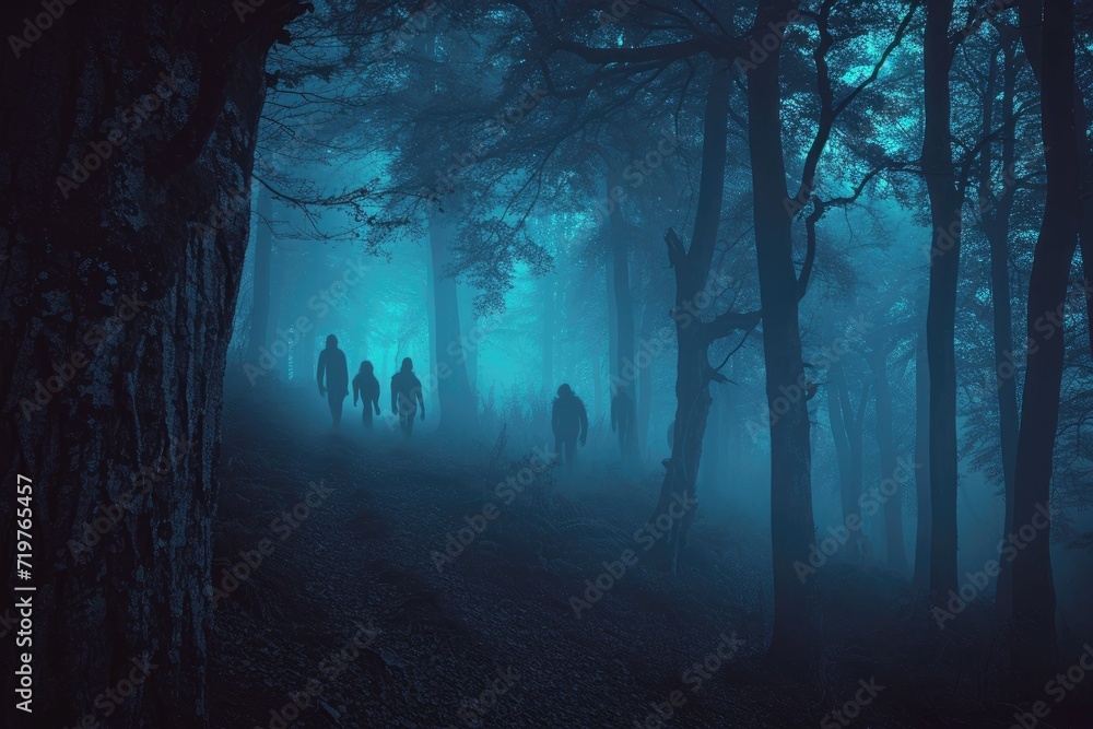 A haunted forest with eerie lighting and silhouettes of creepy creatures A haunted forest with eerie lighting and silhouettes of creepy creatures