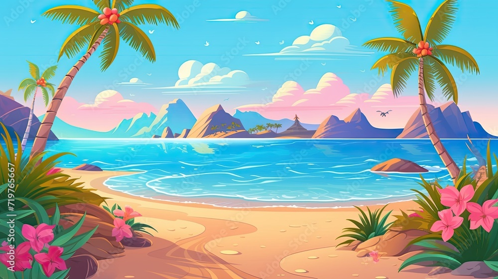 cartoon illustration tropical beach swith palm trees, calm waters, and distant mountain