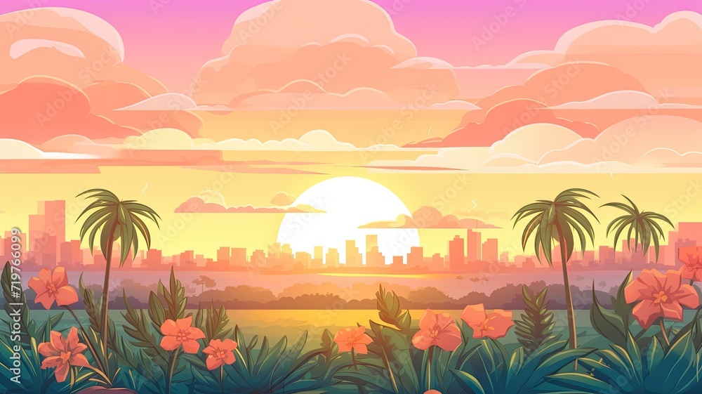 cartoon illustration of a city skyline at sunset.