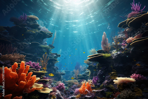 Explore the depths of a surreal underwater world, where vibrant marine life and dreamlike visuals come together in harmony. Generative Ai.