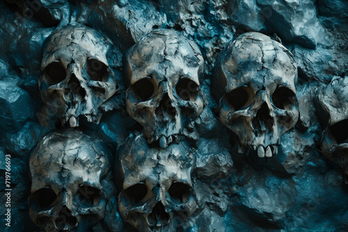 Skulls in a cold tone. Backdrop for design with selective focus and copy space. © Space Priest
