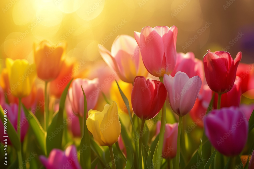 Spring tulips with sunlight. Backdrop with selective focus and copy space Spring tulips with sunlight. Backdrop with selective focus and copy space