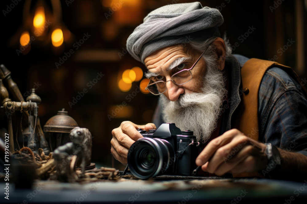 Senior man practicing photography, illustrating the pursuit of new hobbies after retirement. Concept of lifelong learning and artistic exploration. Generative Ai. Senior man practicing photography, illustrating the pursuit of new hobbies after retirement. Concept of lifelong learning and artistic exploration. Generative Ai.