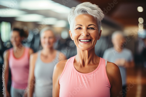 Senior woman leading a fitness class for other elderly individuals, showcasing leadership and health in later years. Concept of peer support and fitness in aging. Generative Ai.