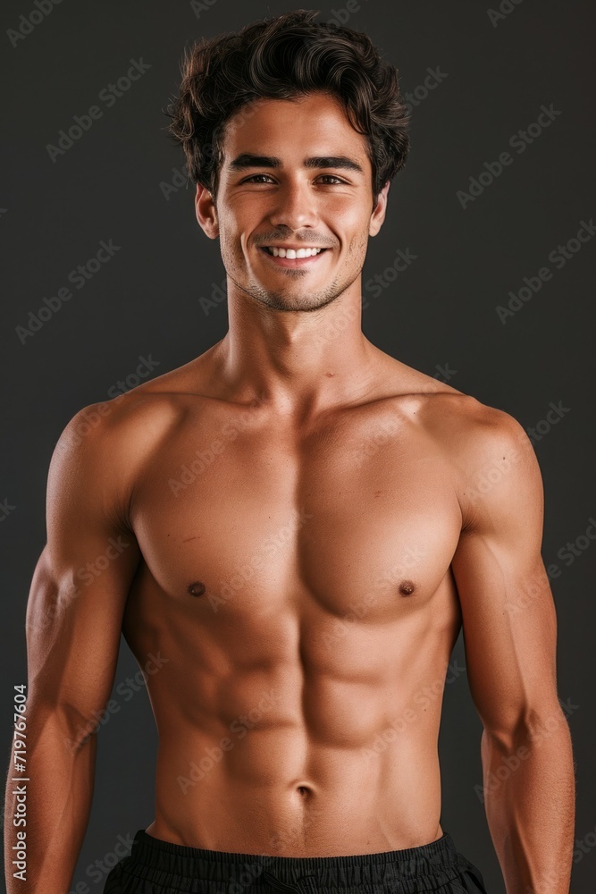 Brutal man with pumped up muscles, vertical portrait. Backdrop with selective focus and copy space Brutal man with pumped up muscles, vertical portrait. Backdrop with selective focus and copy space