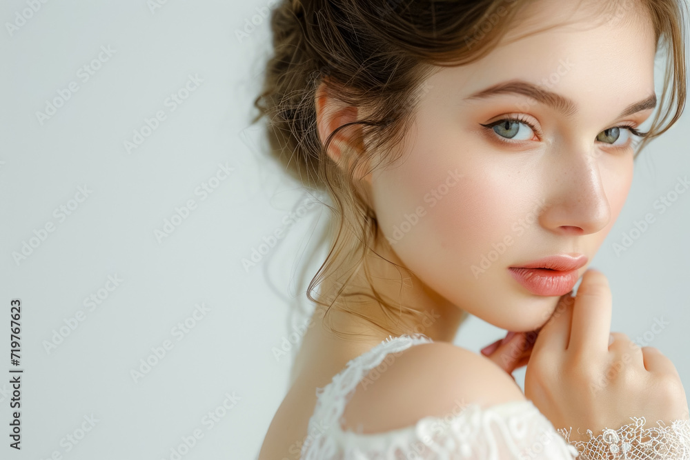 Beauty portrait of a young model, advertising skin care. Backdrop with selective focus