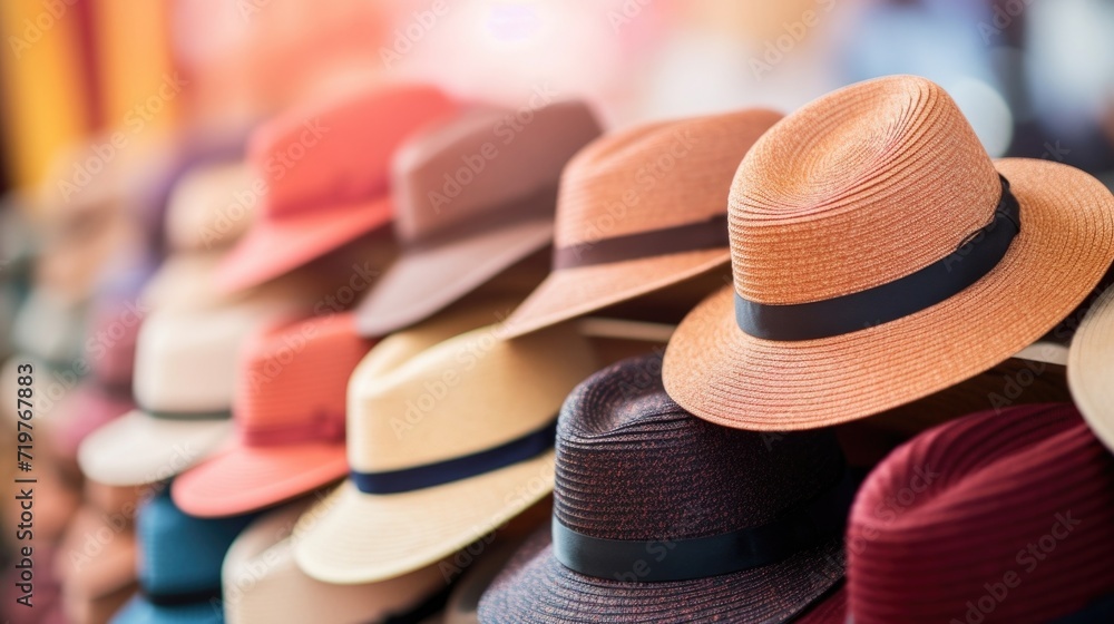Detailed view of a wall full of trendy hats and headpieces in various styles and materials.