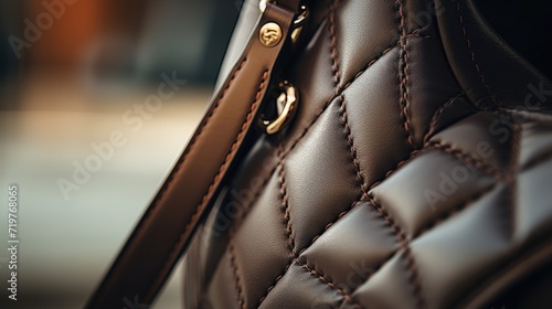 Detailed closeup of a sleek leather handbag, showcasing a subtle quilted design and understated hardware. photo