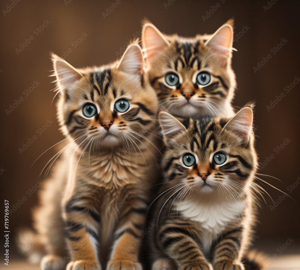 portrait of a cat. three little kittens are sitting on the street. cat look. family, motherhood, parenting, small kittens, 