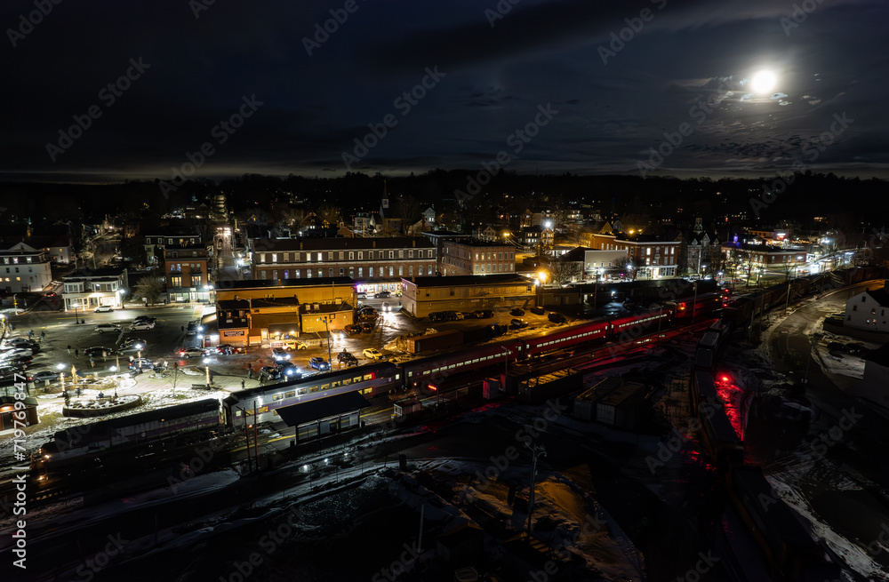 Aerial view of Ayer, Massachusetts train station at night
