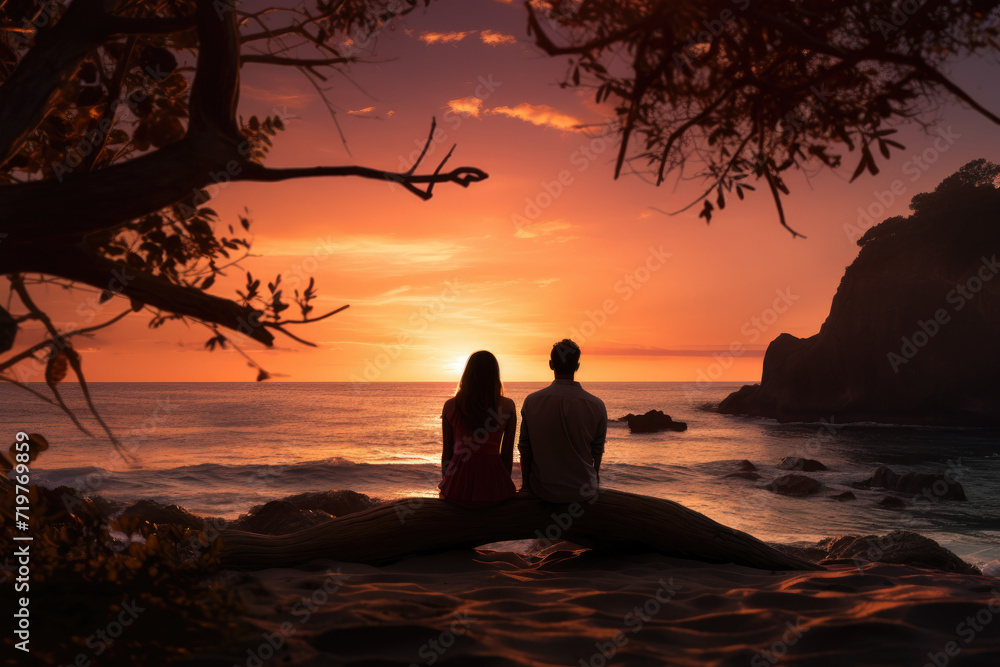 Couple watching a sunset from a pristine beach, experiencing romantic and scenic beauty. Concept of romantic getaways and nature's splendor. Generative Ai.
