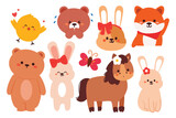 hand drawing cartoon animals. cute animal doodle for sticker, icon. cute animal sticker set