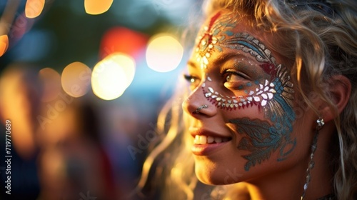 Closeup of a glitterfilled face adorned with temporary tattoos, reflecting the freespirited nature of the festival. photo