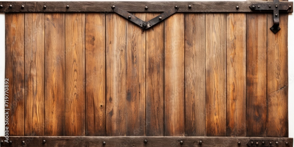 Closeup of a vintage wooden barn door with a metal handle isolated on a white background.