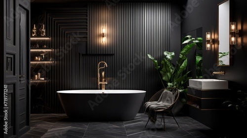 A photo capturing the bold and dramatic design of a black-themed bathroom  showcasing a sleek and sophisticated aesthetic.