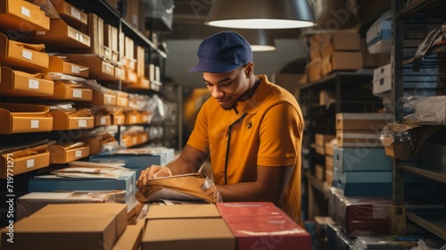 A photo featuring a mailman sorting vibrant and diverse packages, highlighting the efficiency and organization of the delivery process