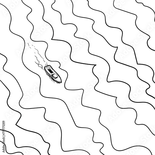 Overview of the cartoon sea and ship from a bird's eye view or from a helicopter.