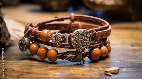 A photo showcasing a handcrafted leather wrap bracelet, combining rustic charm with boho aesthetics. photo