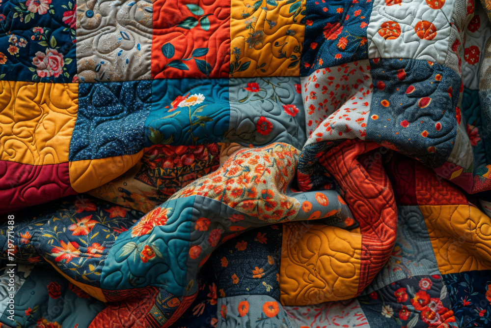 A patchwork quilt made of mismatched fabrics, representing the beauty in combining diverse elements. Concept of diversity and beauty in imperfection. Generative Ai.