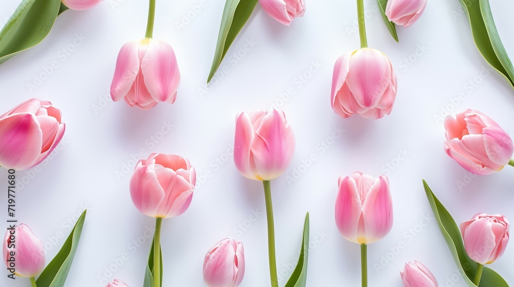 Pink tulip flowers on white background. Flat lay, top view, minimal spring floral pattern composition. Pink tulip flowers on white background. Flat lay, top view, minimal spring floral pattern composition.