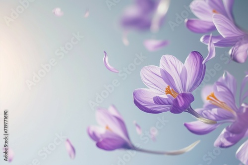 Blooming purple crocus flowers on a sunny spring day. Spring awakening concept.