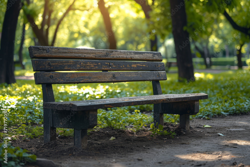 A weathered wooden bench in a park, providing rest and stories to countless visitors. Concept of functionality and beauty in weathered objects. Generative Ai. A weathered wooden bench in a park, providing rest and stories to countless visitors. Concept of functionality and beauty in weathered objects. Generative Ai.