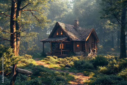 A rustic cabin in the woods  imperfect but cozy and inviting. Concept of escape and charm in rustic imperfection. Generative Ai.