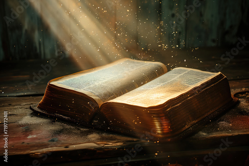 Print op canvas Christian Holy Bible Book that is open with golden rays of light falling from to