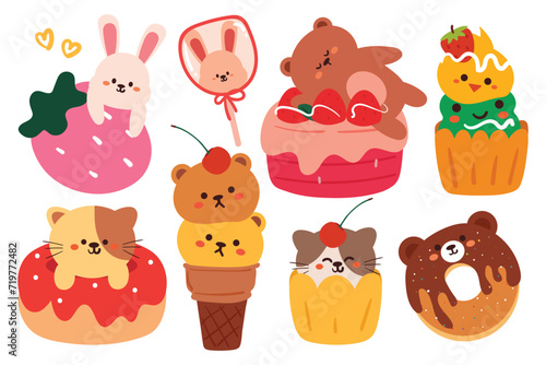 hand drawing cartoon cute animals and dessert. cute animal and food sticker set. kawaii sticker collection