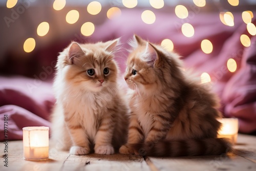 Couple of cute kittens, romance concept. Background with selective focus and copy space