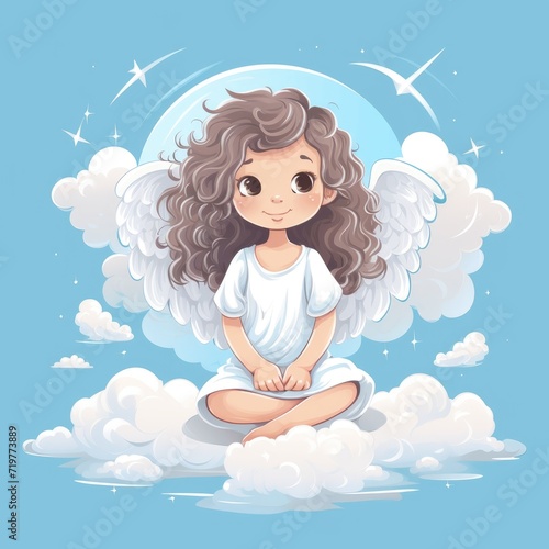 little cute angel with wings sitting on a cloud