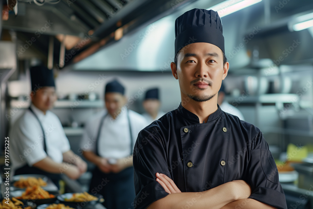 Stern Asian Chef in Black Uniform Commanding the Kitchen Crew Stern Asian Chef in Black Uniform Commanding the Kitchen Crew