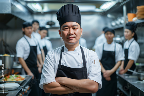 Fototapeta Naklejka Na Ścianę i Meble -  Commanding Asian Head Chef Standing Proud with Culinary Team