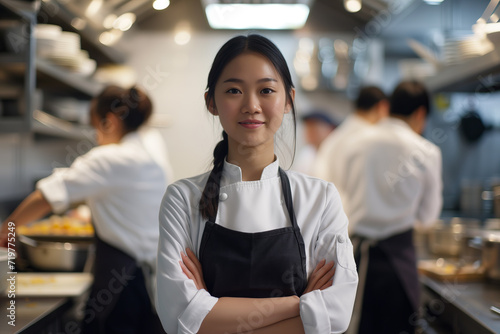 Young Asian Chef Smiling Confidently in a Busy Professional Kitchen