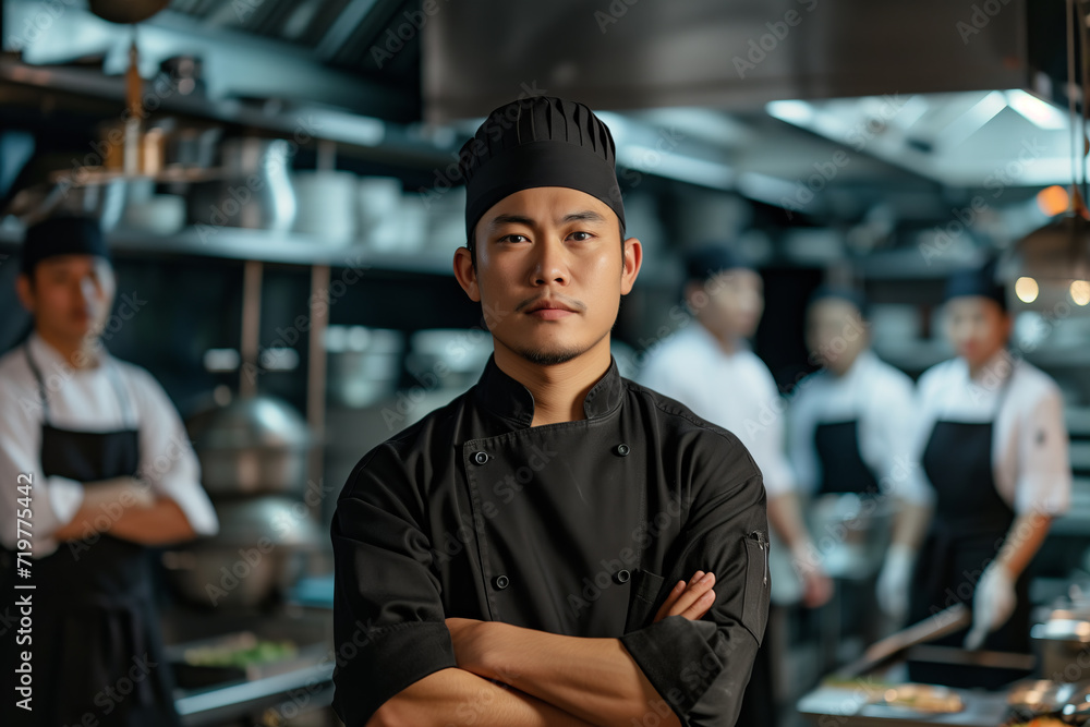 Stern Asian Chef with Arms Crossed in Commercial Kitchen Stern Asian Chef with Arms Crossed in Commercial Kitchen