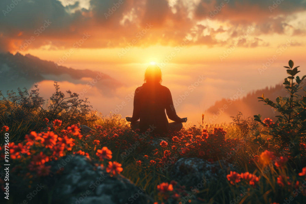 An individual meditating at sunrise, experiencing tranquility and a new beginning. Concept of meditation and mindful awakening. Generative Ai. An individual meditating at sunrise, experiencing tranquility and a new beginning. Concept of meditation and mindful awakening. Generative Ai.