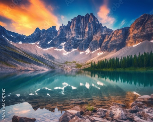 Majestic sunset over serene mountain lake with rugged peaks reflecting in water
